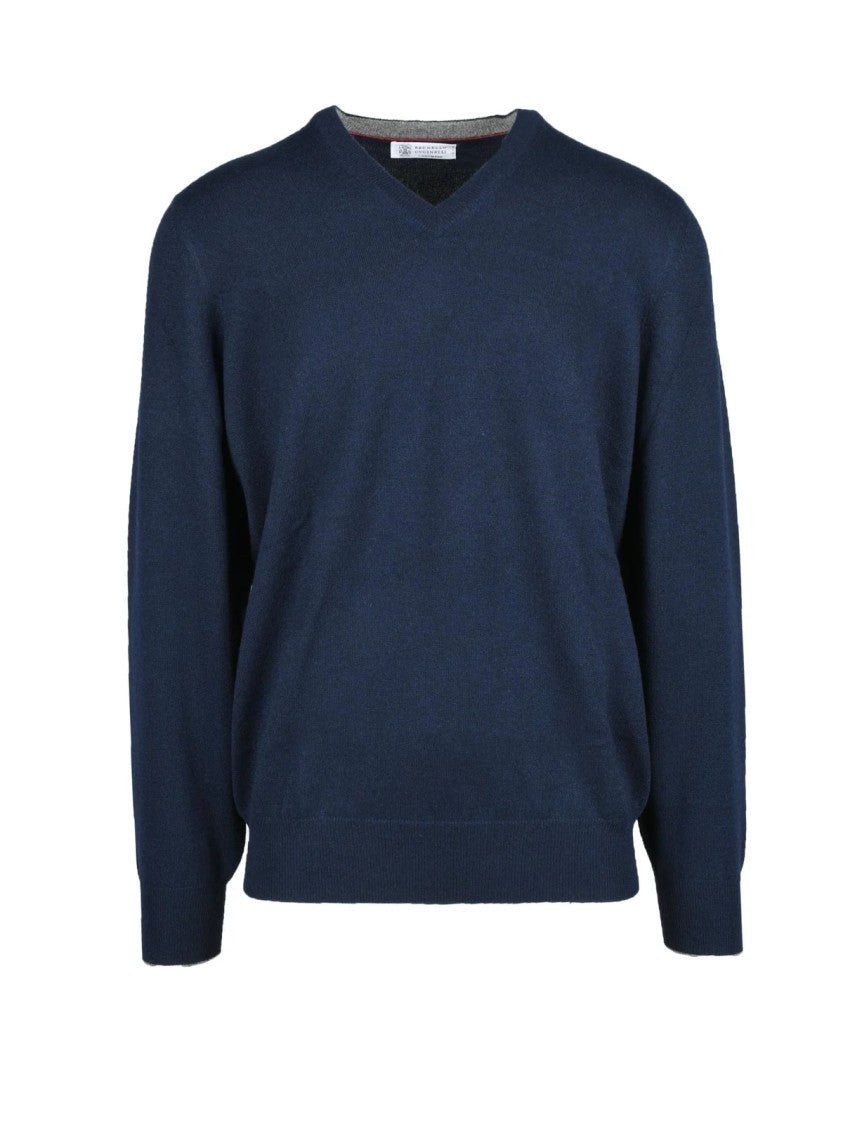 Brunello Cucinelli Deep Blue Cashmere Pullover With Classic Crewneck