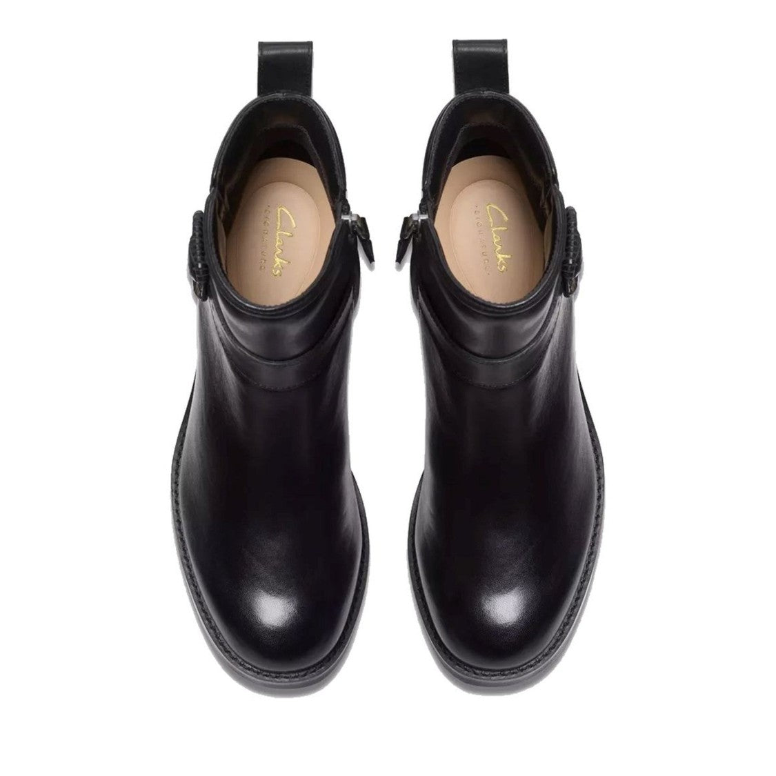 Clarks Black Chamberly Smooth Leather Ankle Strap Boots