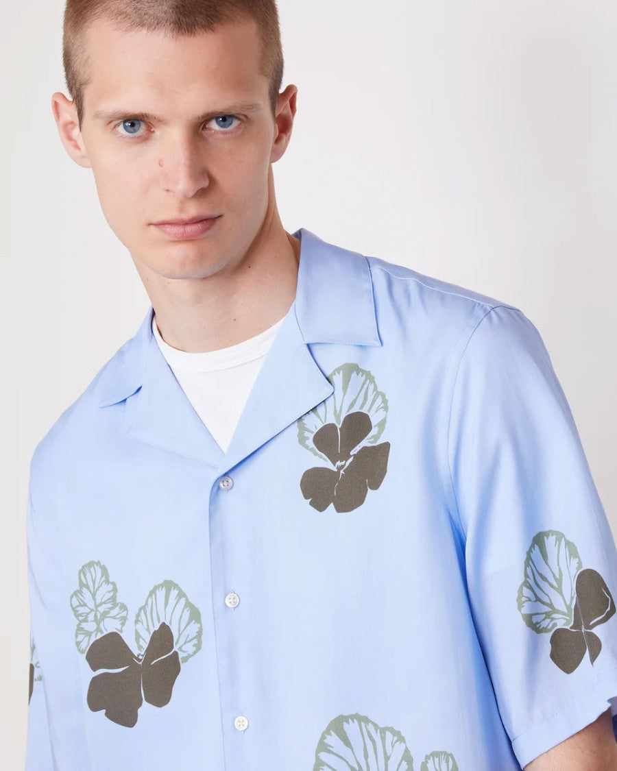 Officine Generale Floral Print Camp Shirt With Quarter Sleeves