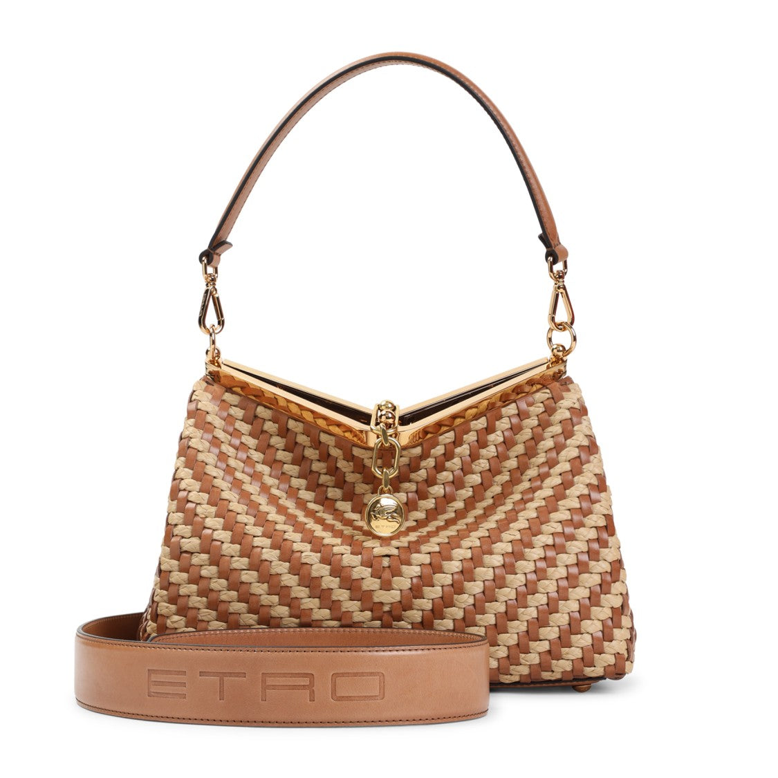 Etro Chevron Woven Raffia And Leather Shoulder Bag