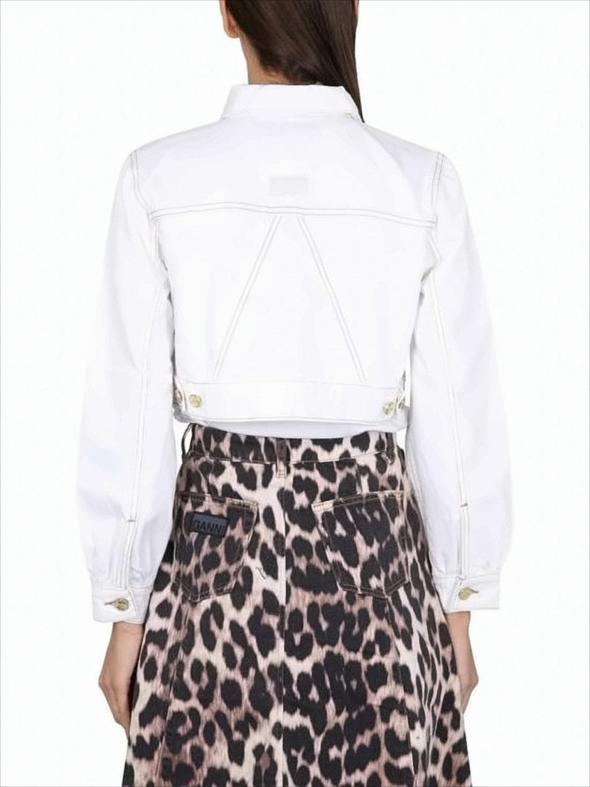Ganni Cropped Denim Jacket With Gold-Tone Buttons And Boxy Fit