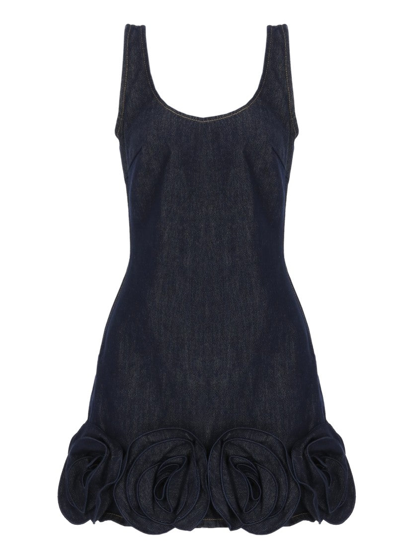 Self-Portrait 3D Floral Denim Mini Dress With Wide Neckline