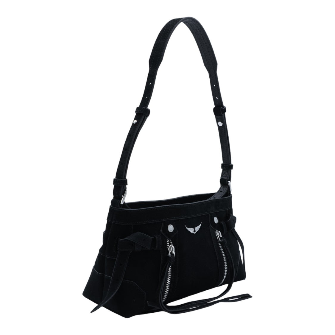 Zadig & Voltaire Rectangular Black Shoulder Bag With Dual Zippered Pockets And Silver Hardware