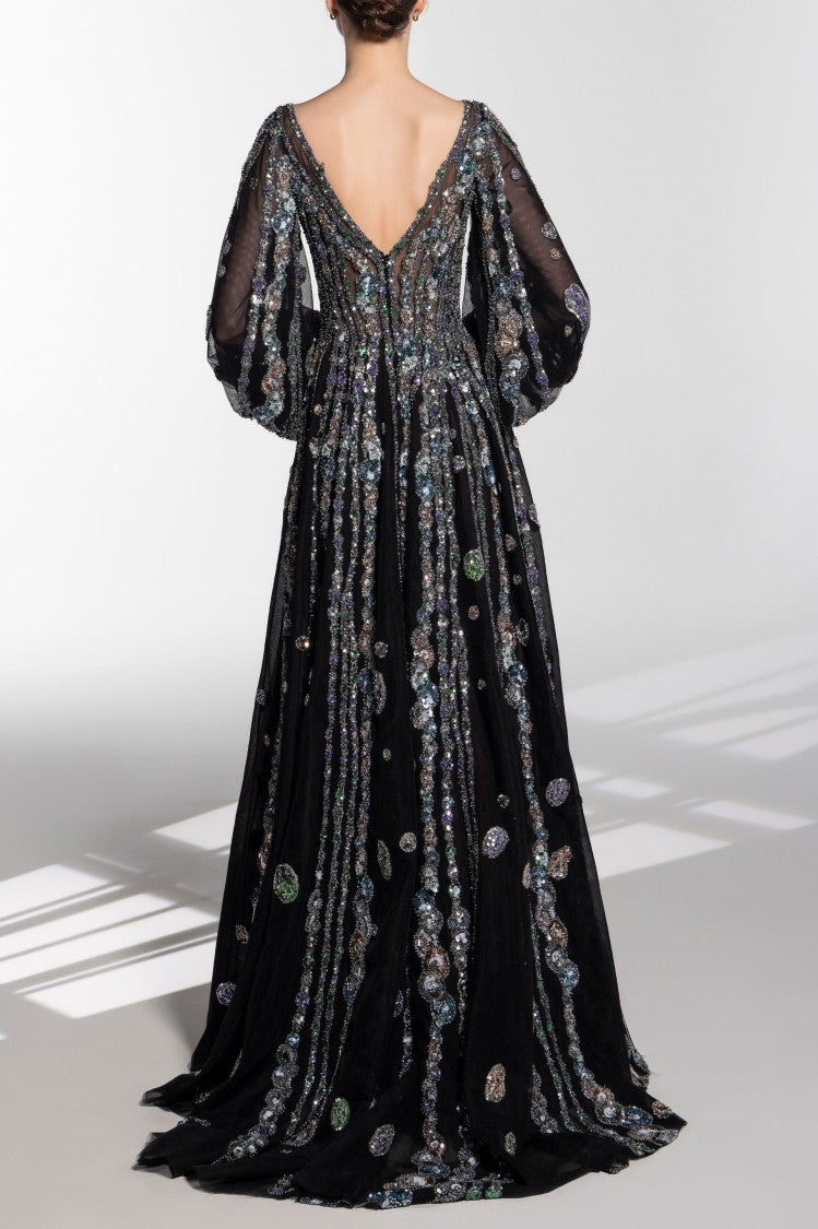 Saiid Kobeisy Tulle Beaded Dress With Bell Sleeves