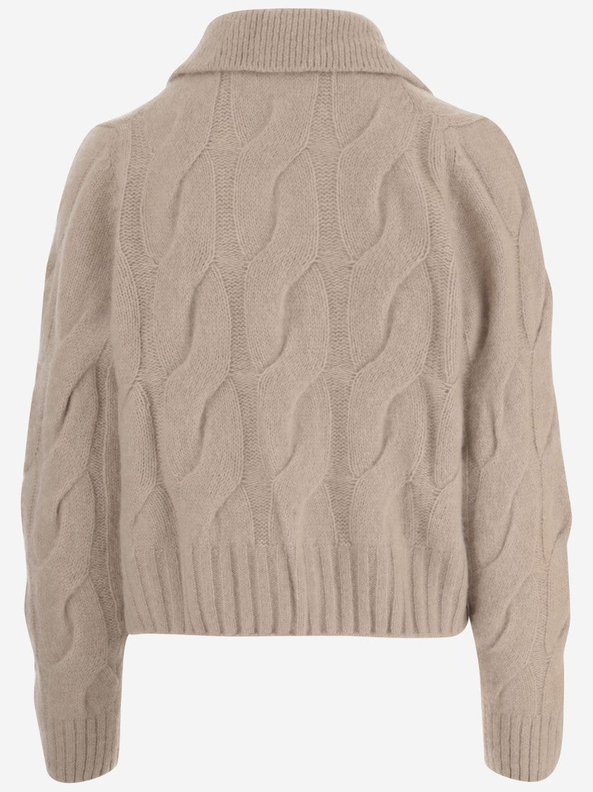 Allude Beige Classic Collar Cable Knit Cashmere Silk Cardigan