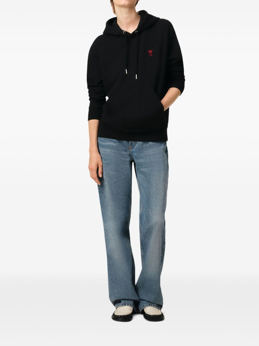 Ami Paris Black Hoodie With Adjustable Drawstring And Embroidered Heart