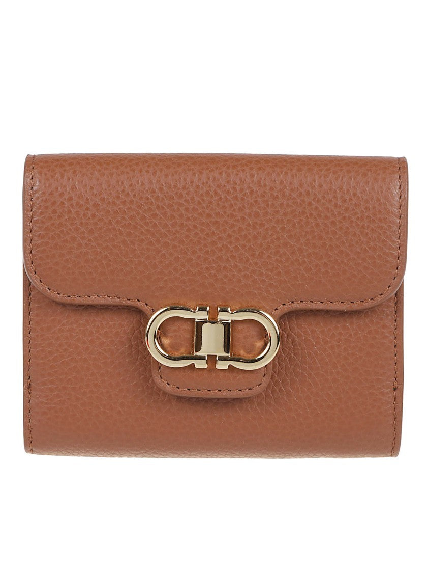 Ferragamo Compact Pebbled Leather Wallet With Double Gancini Buckle