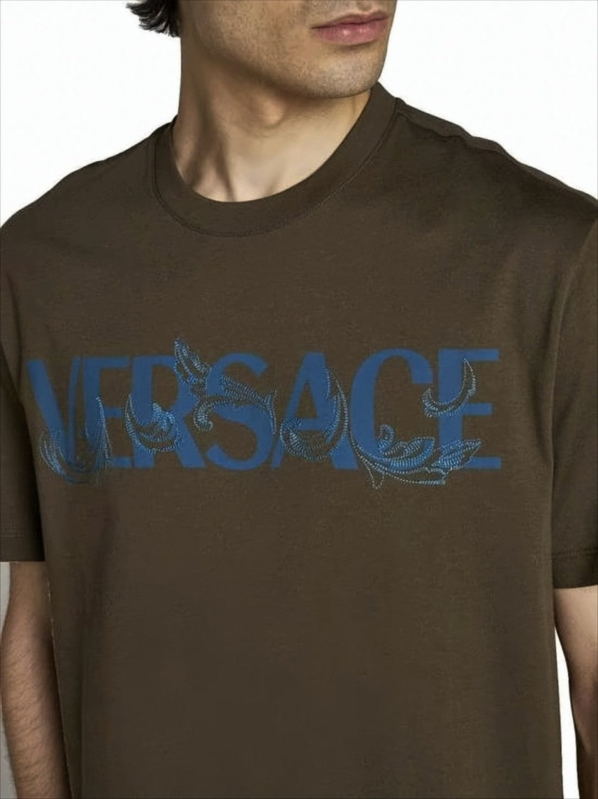 Versace Olive-Brown Graphic Logo Short-Sleeve T-Shirt