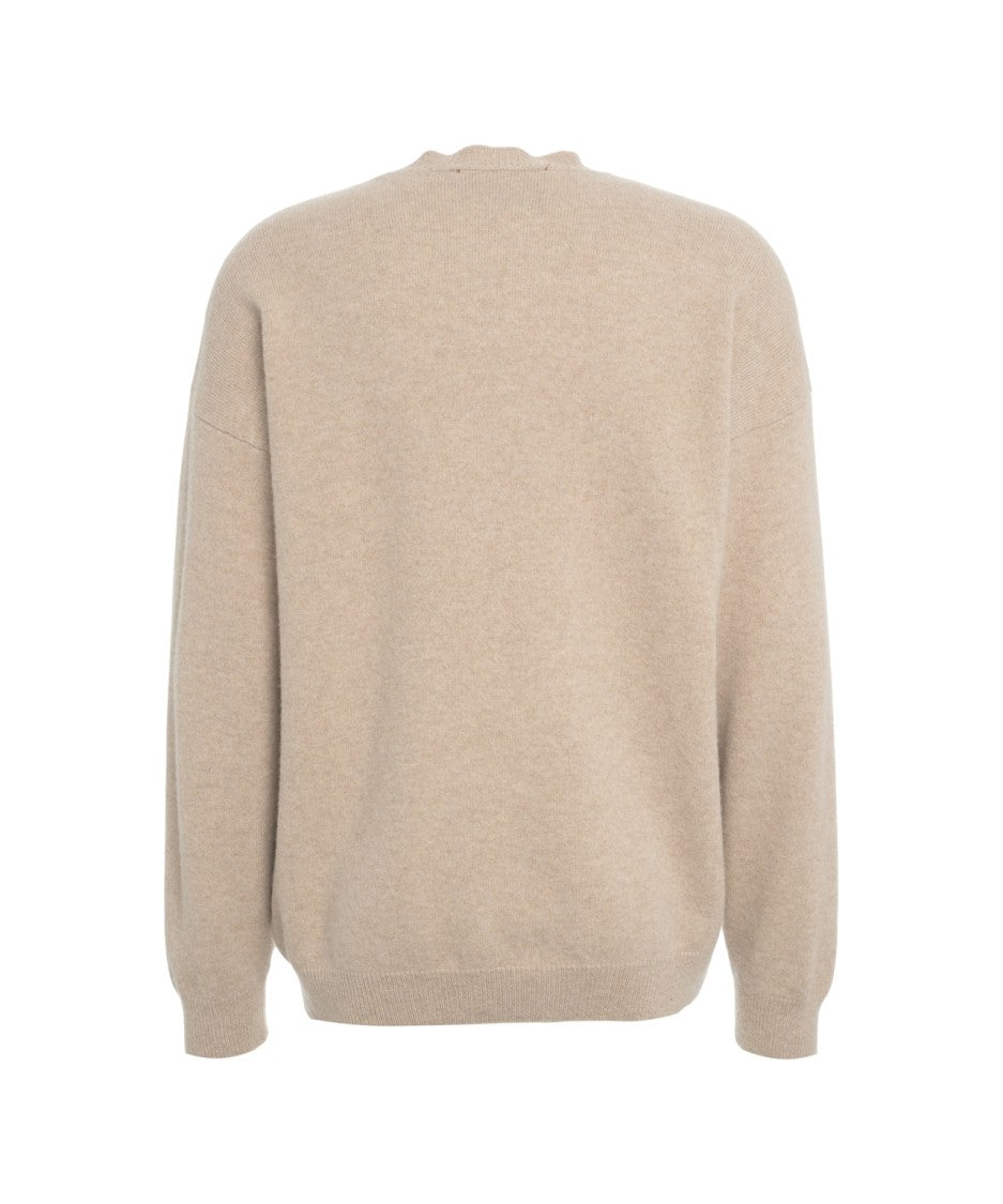 Amaranto Beige Wool Sweater With Round Neckline And Cross-Stitch Detail