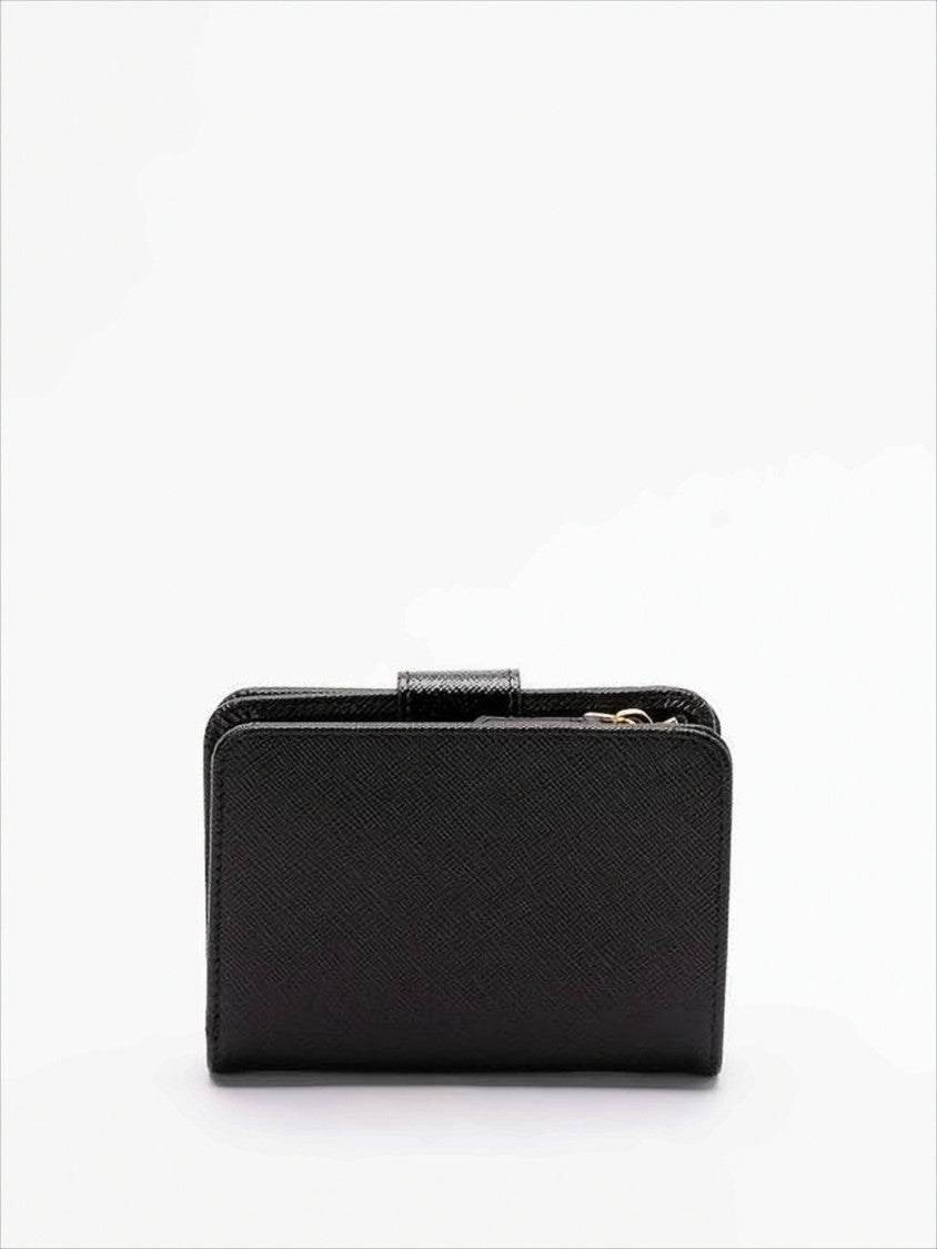 Prada Textured Leather Bifold Wallet With Snap Closure And Metallic Accents