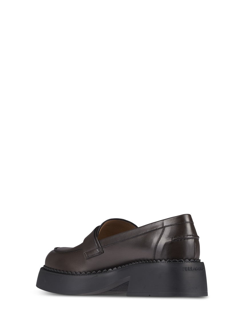 Ferragamo Rounded Toe Flat Shoes With Decorative Buckle And Block Heel