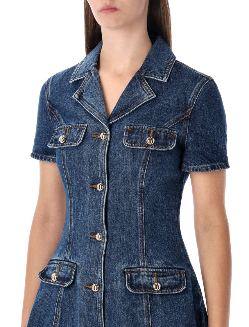 Self-Portrait Blue Denim Mini Dress With Gold Buttons
