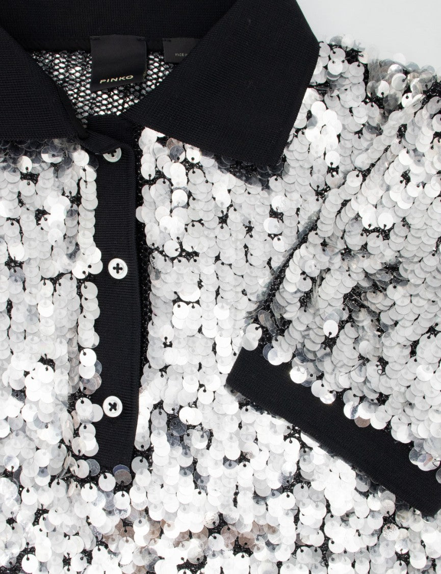 Pinko Transparent Black Polo Shirt With Sequin Embroidery