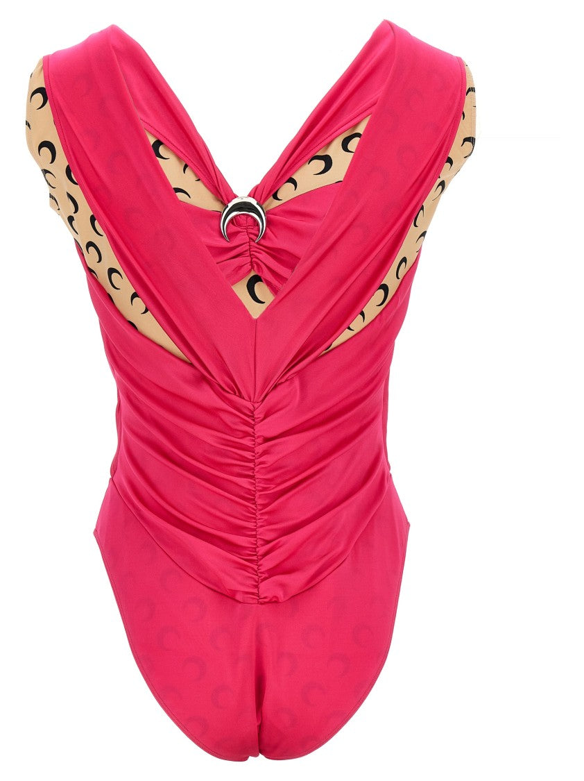 Marine Serre Patchwork Bodysuit With All-Over Logo Print And Brooch Detail