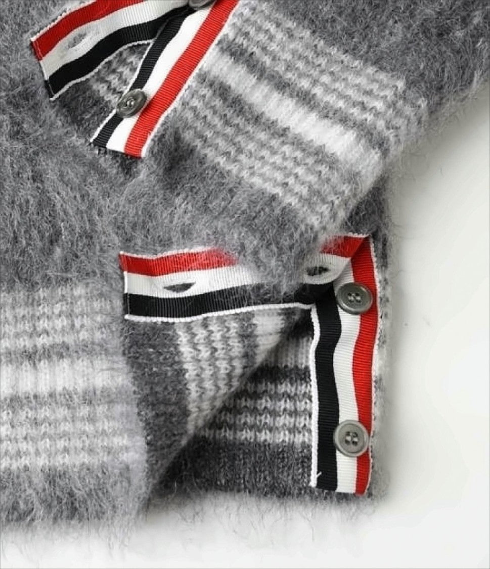 Thom Browne Plaid Textured Knit Cardigan With Contrasting Striped Details