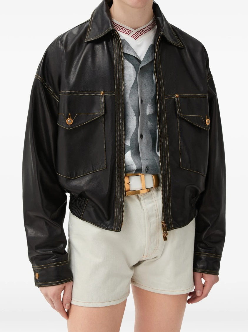 Versace Cropped Lamb Skin Leather Jacket With Flap Pockets