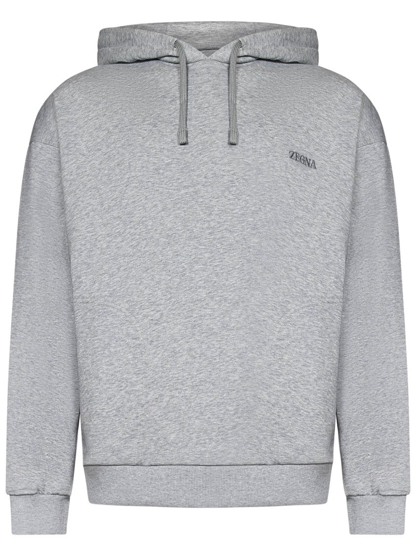 Zegna Melange Grey Hoodie With Logo Embroidery