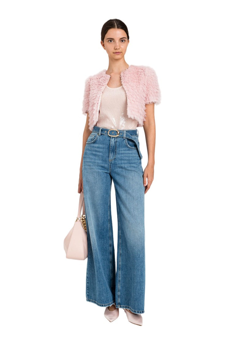 Twin-Set Gold Oval Buckle Wide-Leg Jeans
