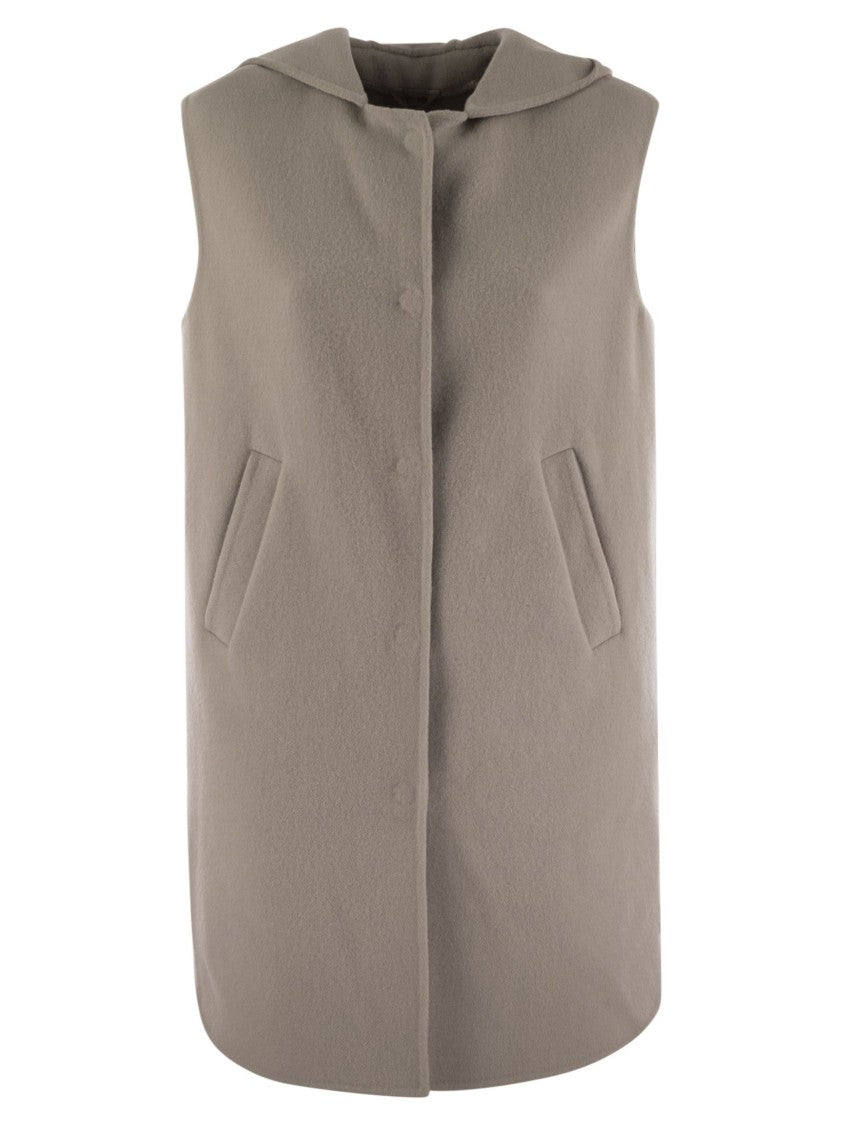 Herno Sleeveless Coat With Hood And Concealed Buttons