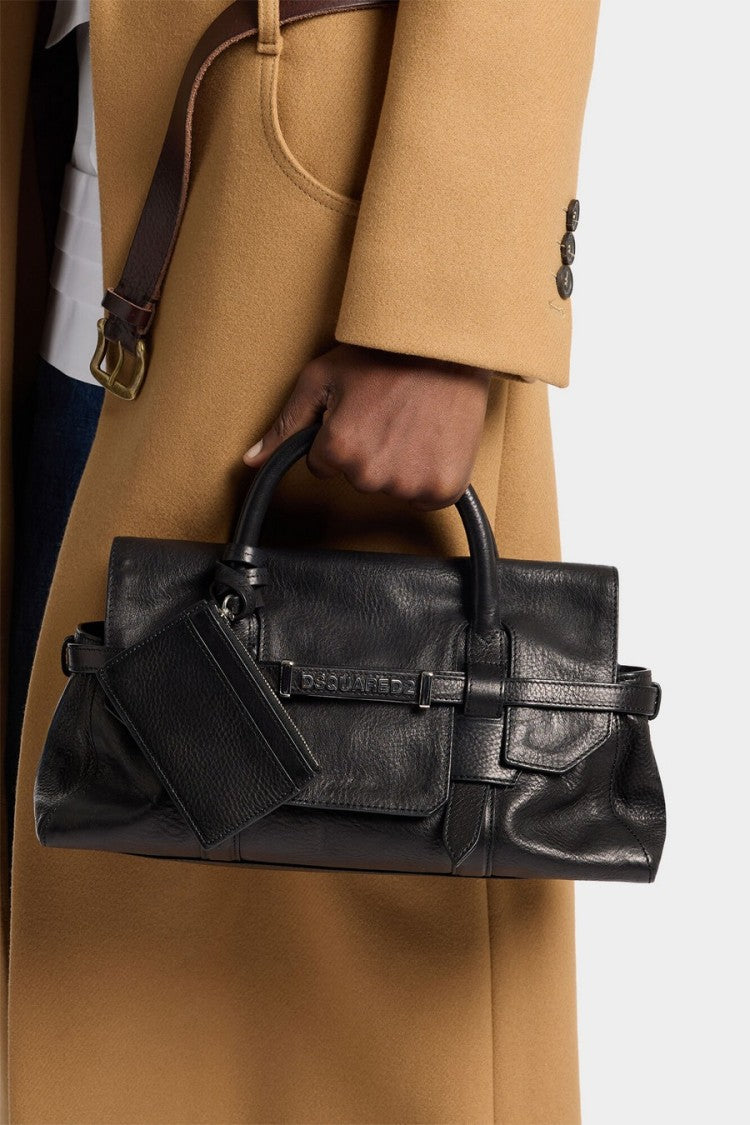 Dsquared2 Black Leather Buckle-Strap Shoulder Bag