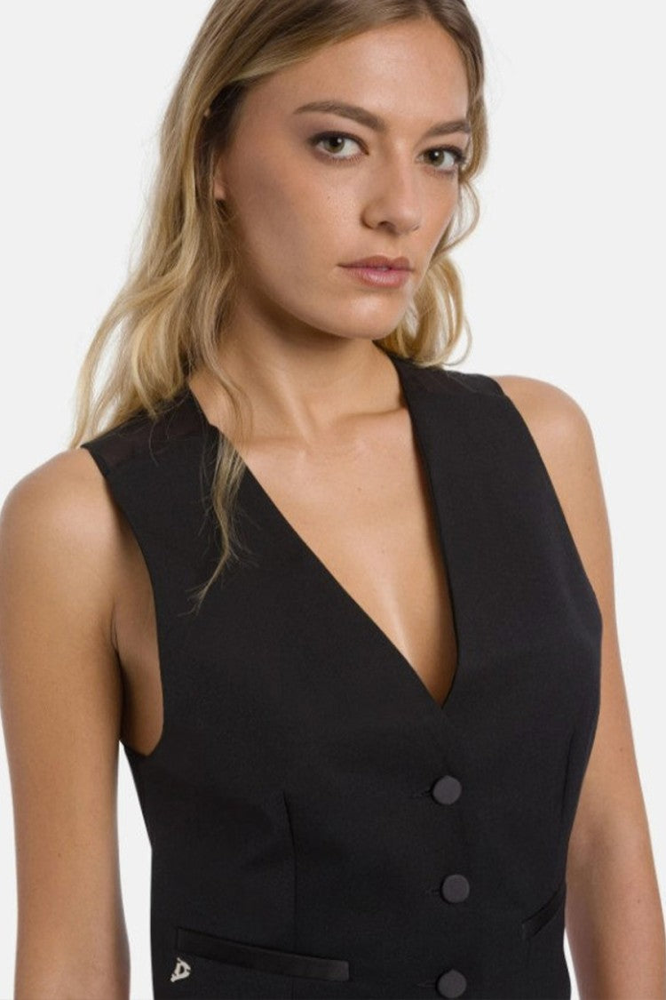 Dondup Black Polyester-Wool Satin-Back Waistcoat