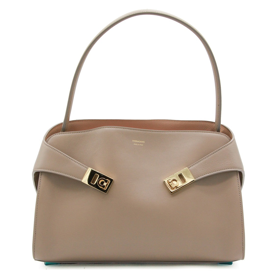 Ferragamo Structured Taupe Leather Handbag With Gold-Tone Clasp Details