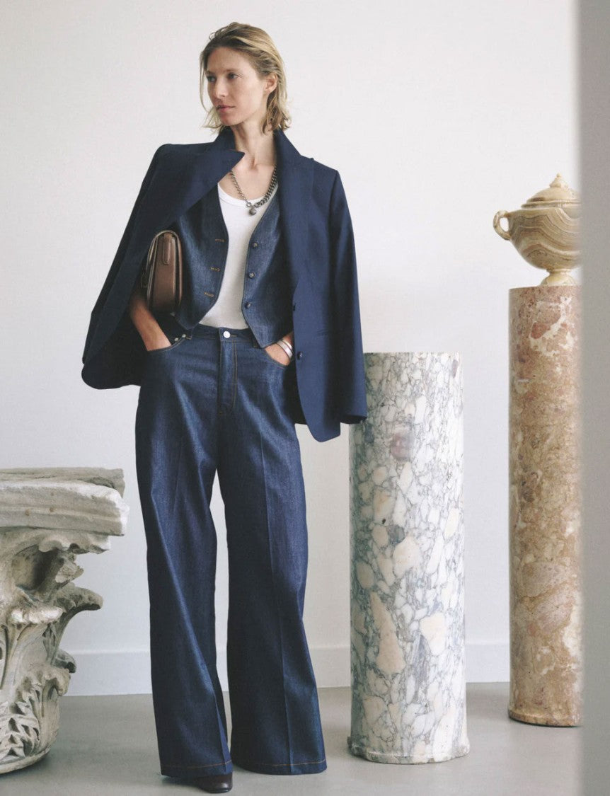 Officine Generale Dark Indigo Mid Waisted Wide Leg Jeans