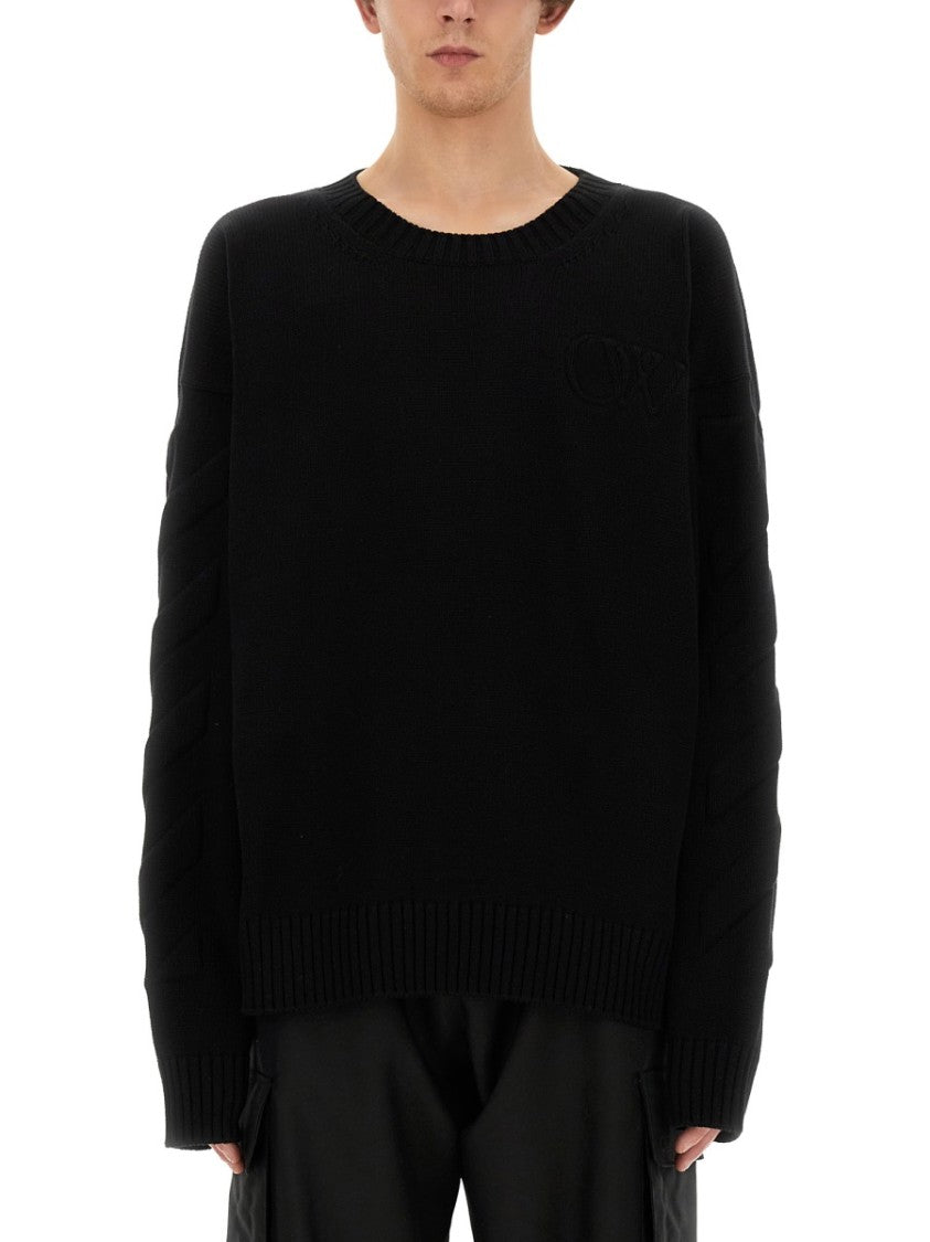 Off-White Black Oversized Sweater With Ribbed Neckline