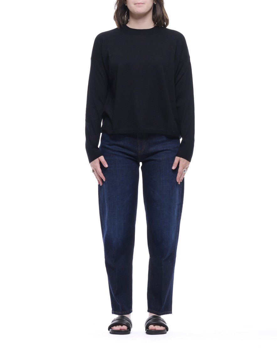 Aragona Black Round-Neck Cotton Knit Top