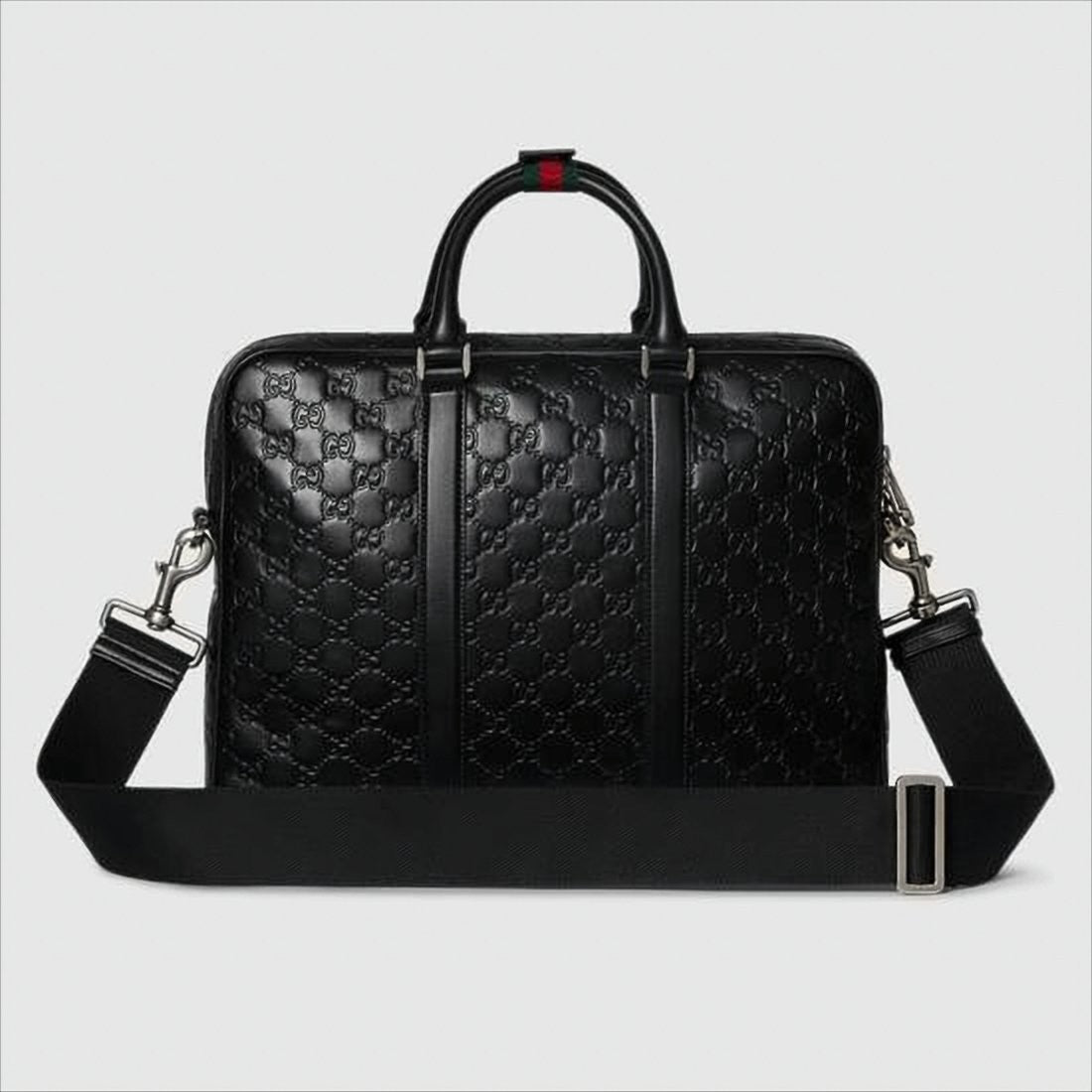 Gucci Embossed Black Leather Tote Bag With Signature Detail