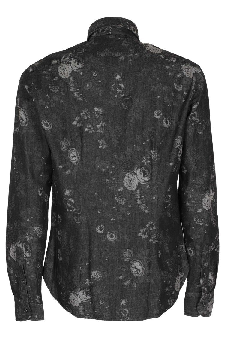 Orian Black Floral Denim Casual Shirt