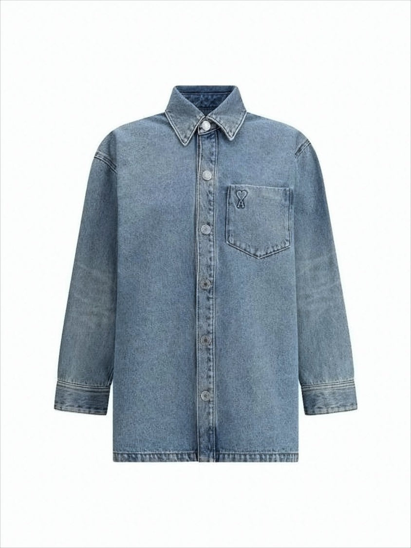 Ami Paris Denim Shirt With Classic Collar And Embroidered Detailing
