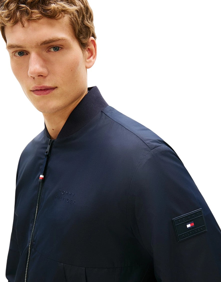 Tommy Hilfiger Water-Resistant Navy Bomber Jacket With Baseball Collar And Storm Flap