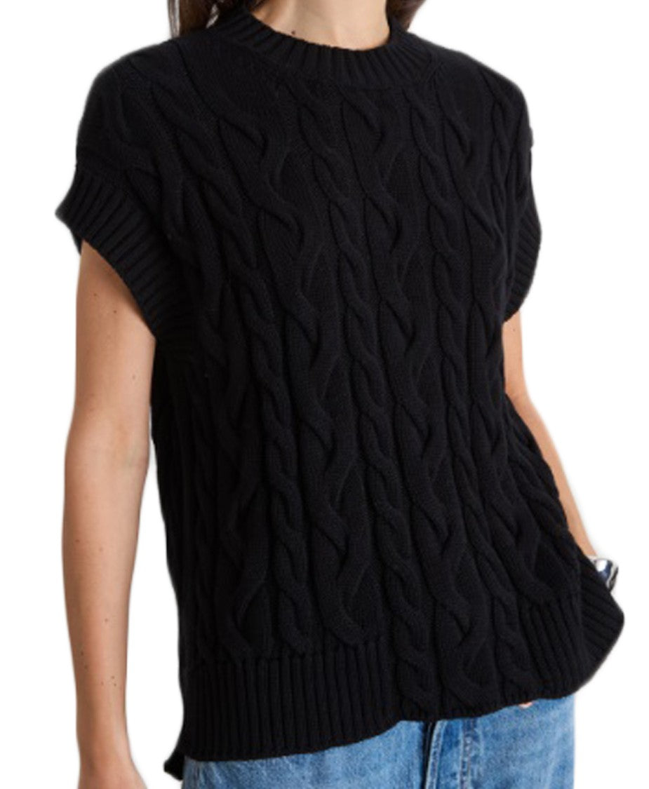 Max Mara Textured Cable Knit Black Top With Ribbed Hem