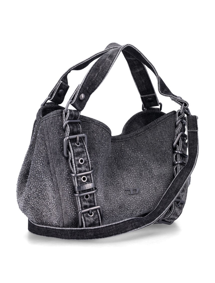 Diesel Textured Black Handbag With Buckle Details And Adjustable Strap