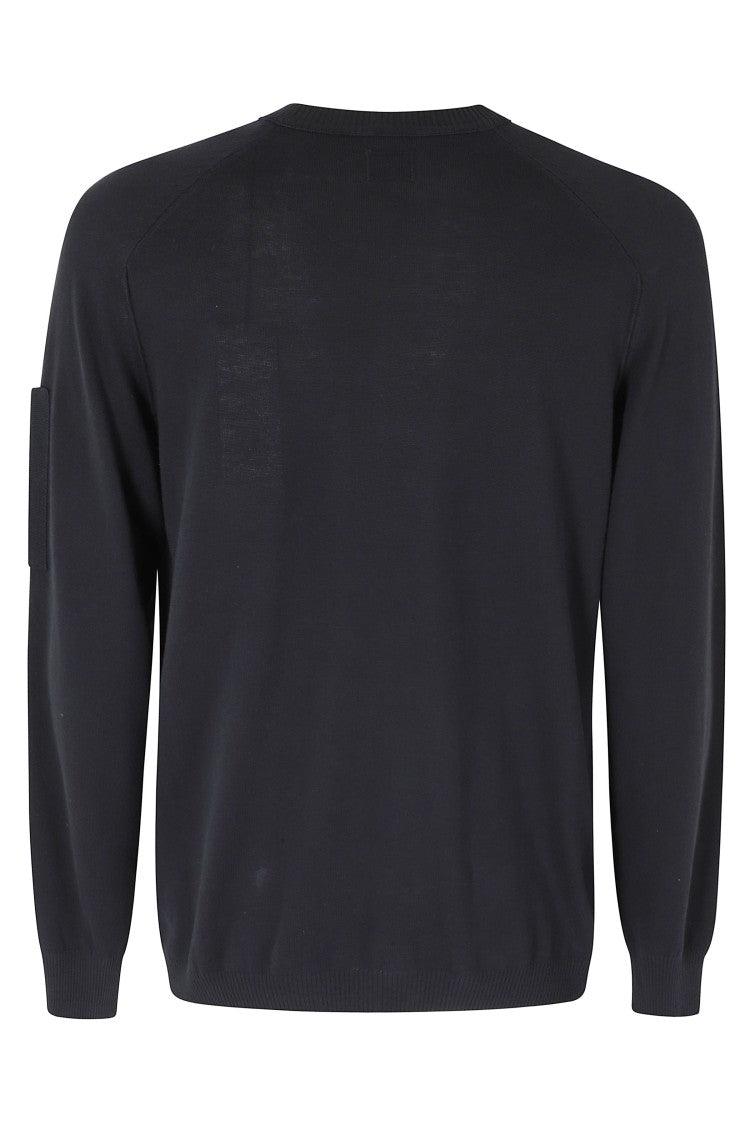 C.P. Company Black Cotton Crepe Crewneck Lens Pocketed Cotton Sweater