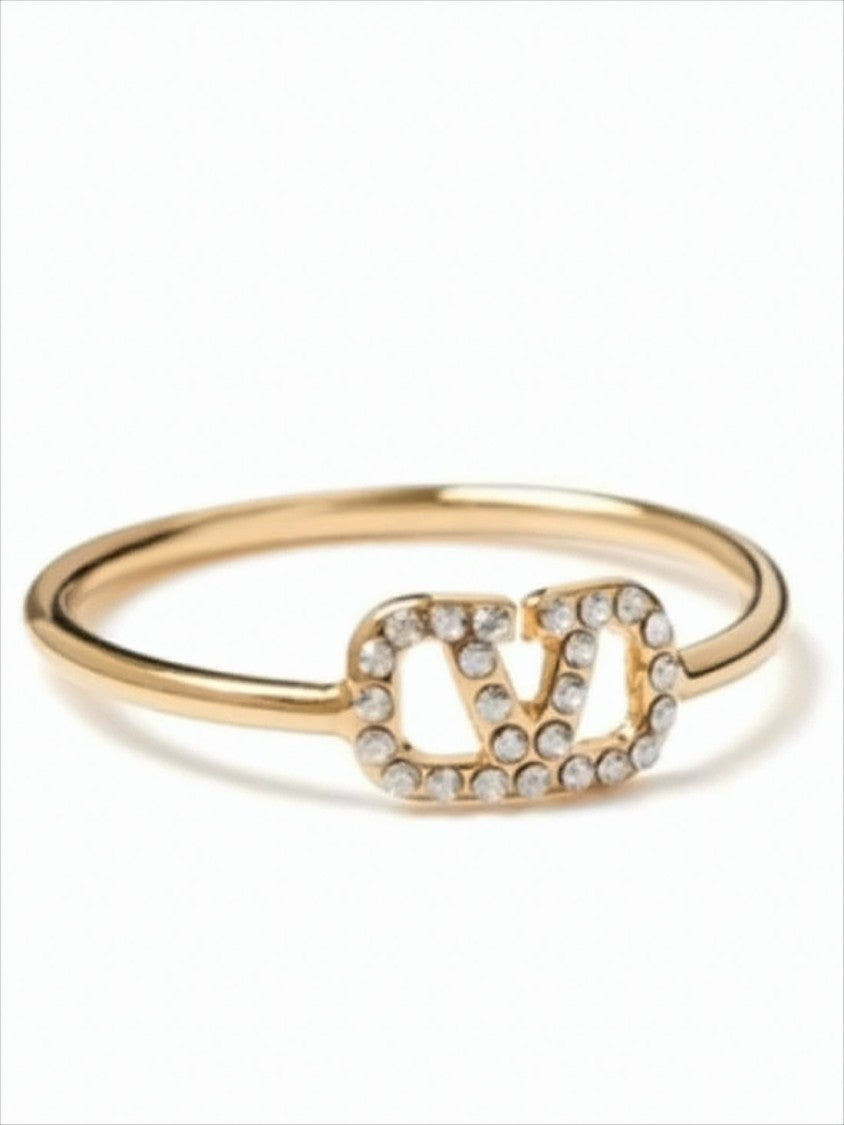 Valentino Garavani Delicate Crystal-Embellished Gold Ring With Signature Logo
