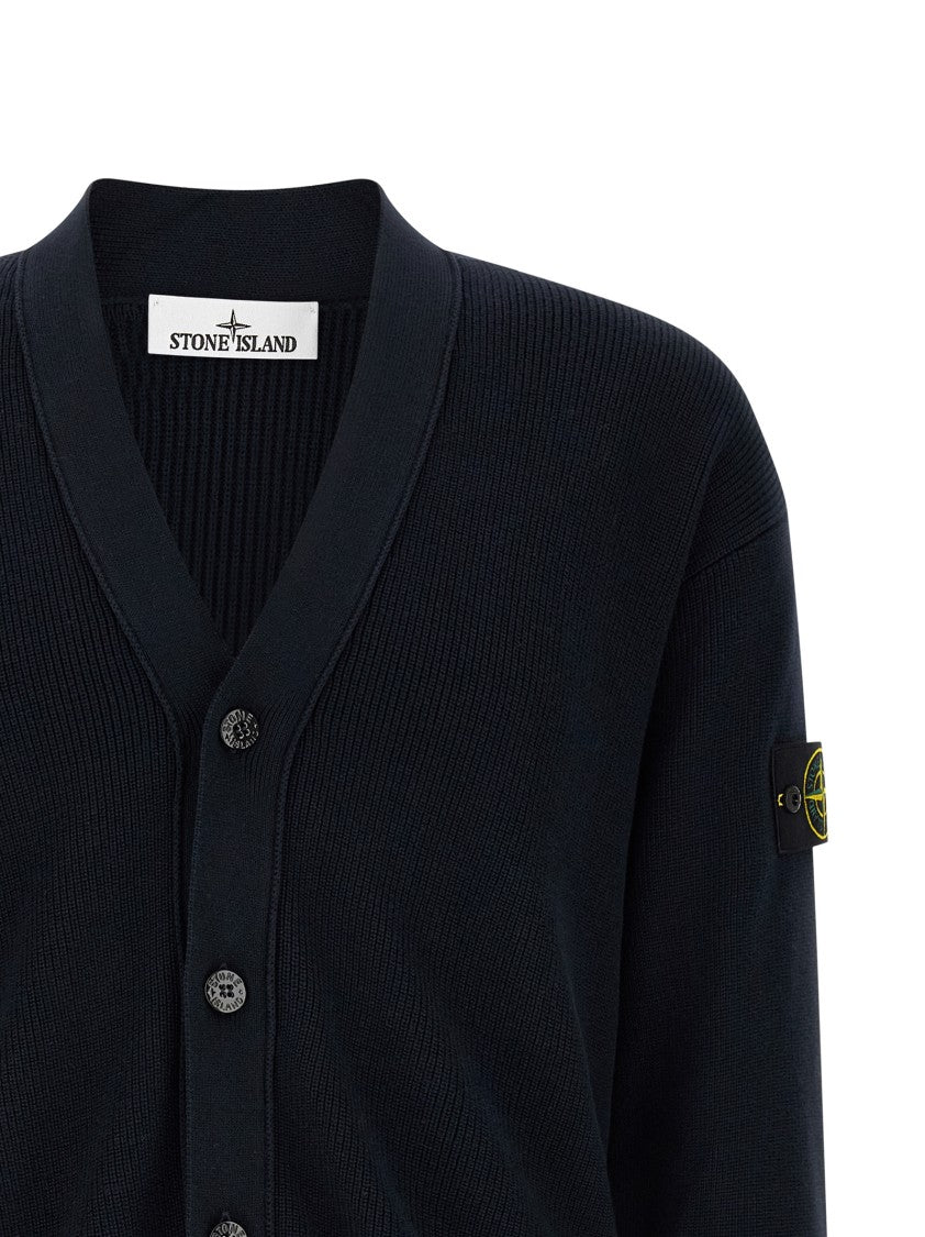 Stone Island Ribbed Cotton Cardigan With V-Neck And Button Closure
