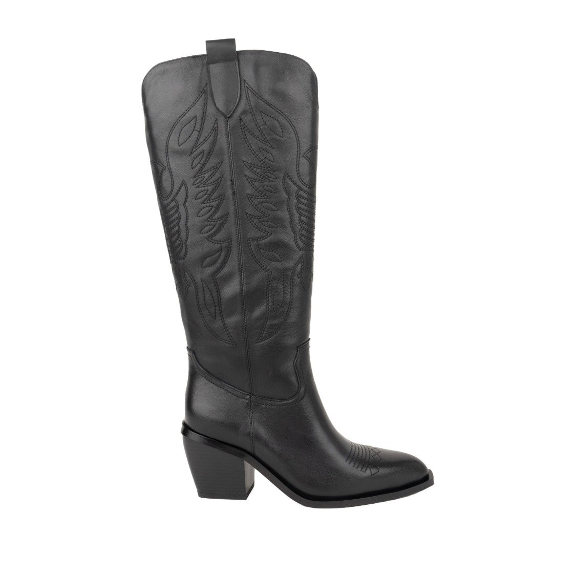 Linda Baumann Black Pointed Toe Intricate Stitching Tall Leather Boots