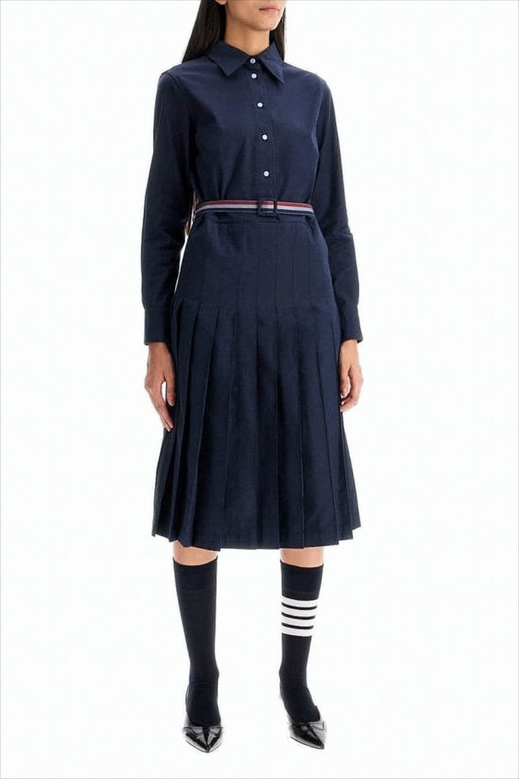 Thom Browne Pleated Midi Dress With Classic Collar And Waist Belt