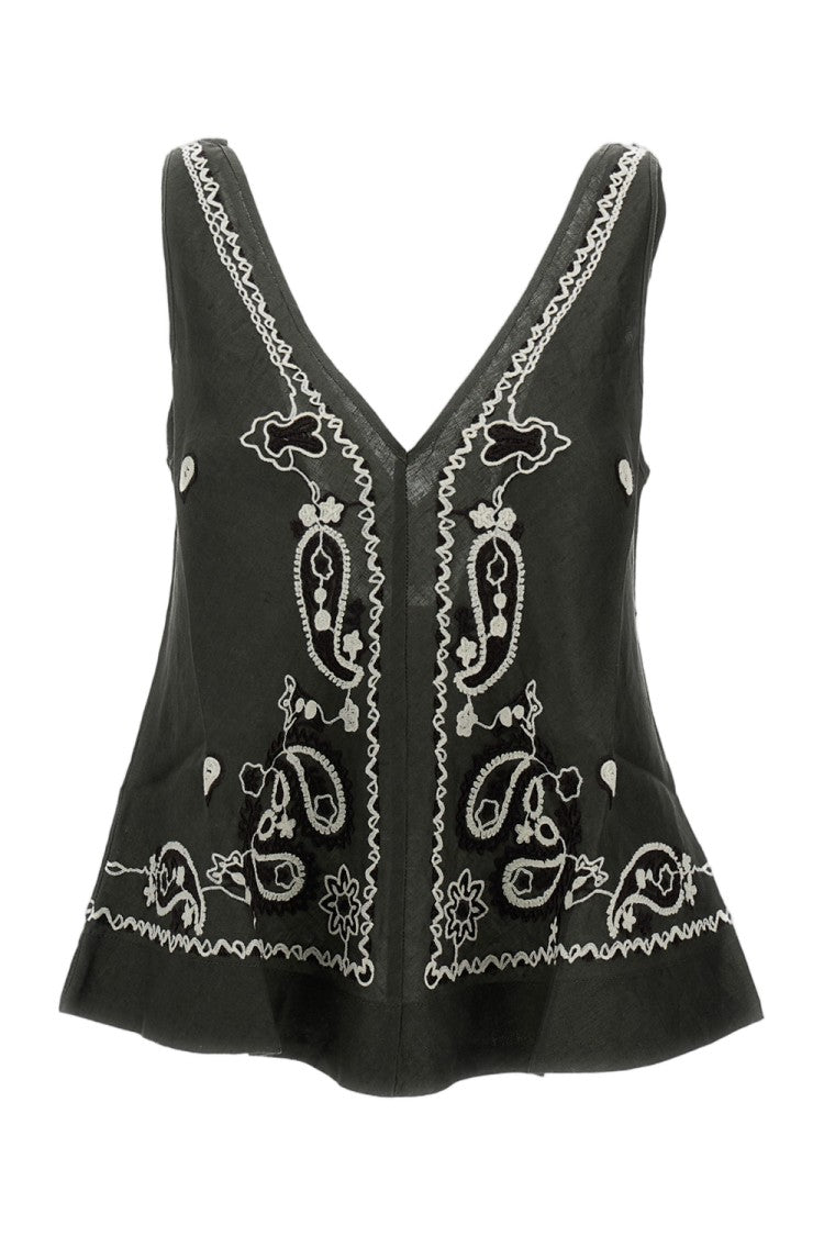 Parosh Intricate Embroidered Linen Top With V-Neckline