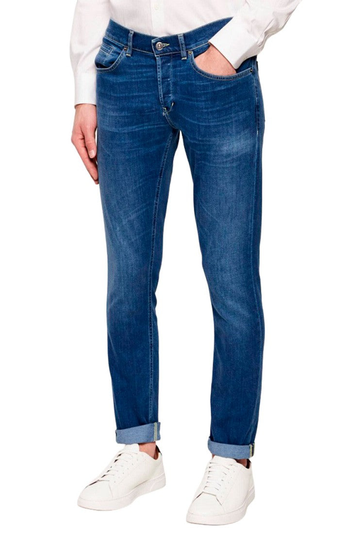 Dondup Blue Slim-Fit Cuffed Cotton-Blend Jeans