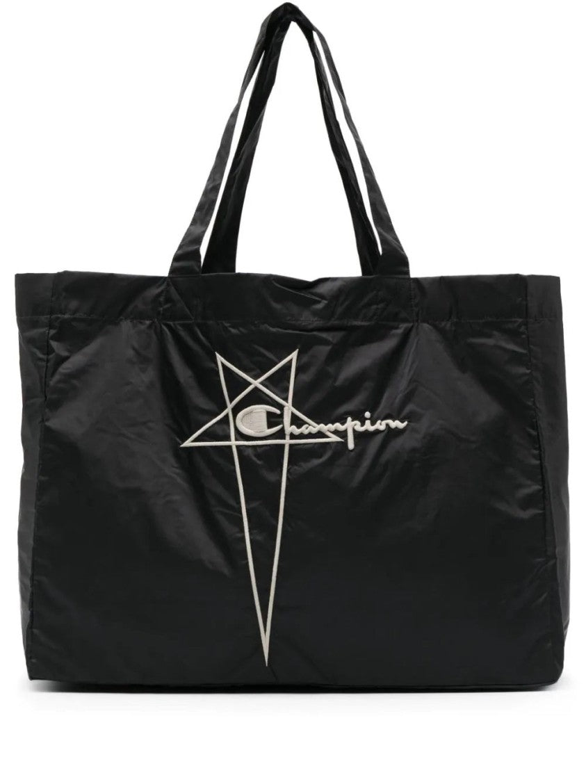 Rick Owens X Champion Black Nylon Tote Bag With Iconic Logo