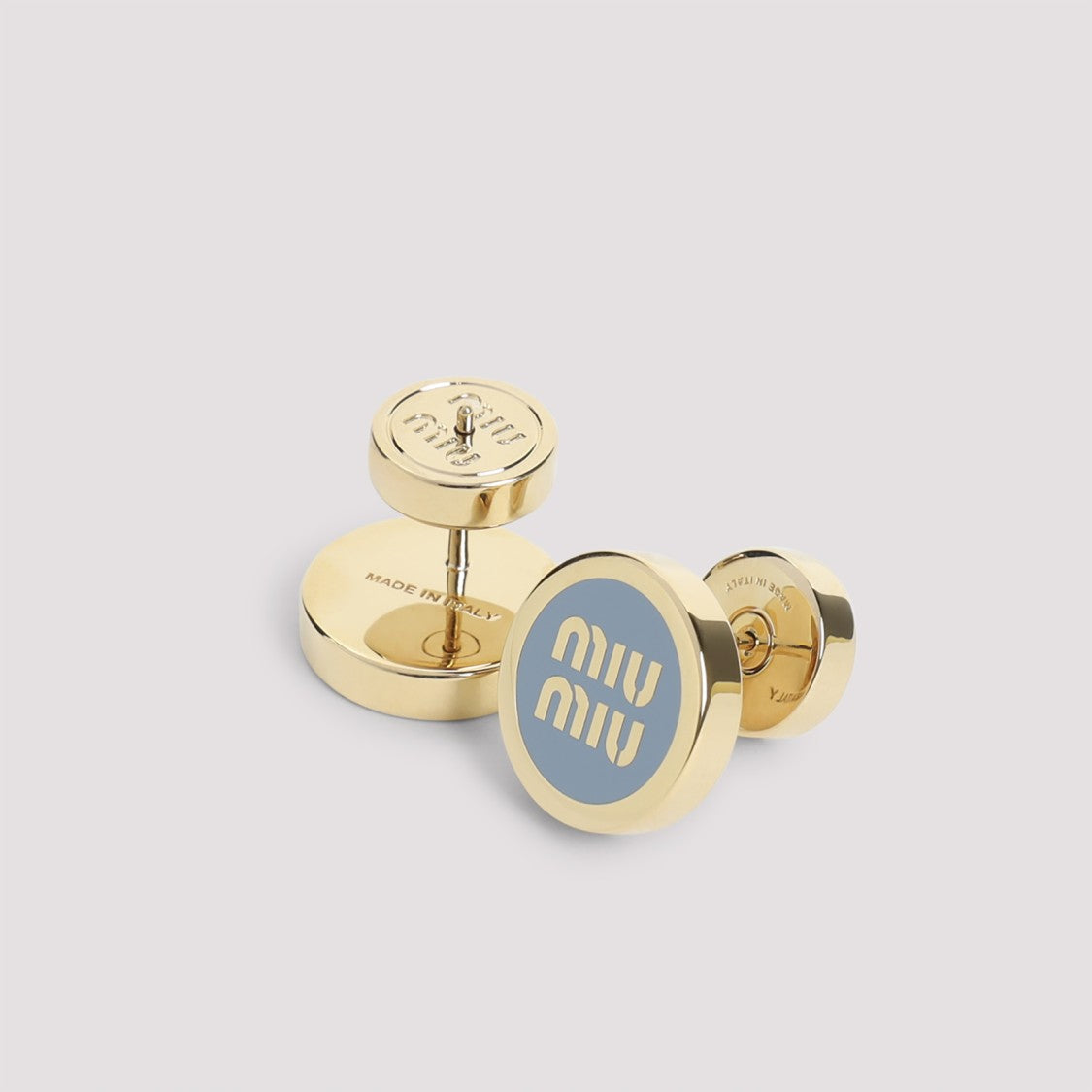 Miu Miu Celeste Enamel Round Stud Earrings With Golden-Tone Brass