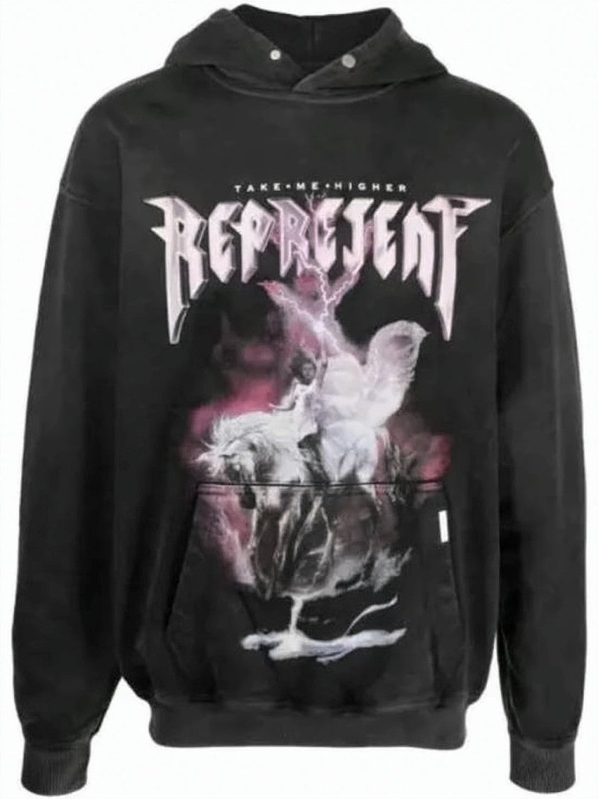 Represent Graphic Print Black Hoodie With Drawstring