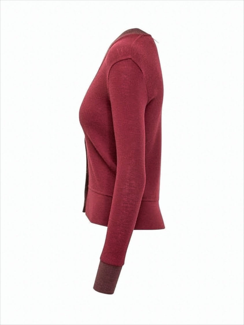 Thom Browne Cropped Burgundy Cardigan With Deep V-Neckline And Ribbed Details