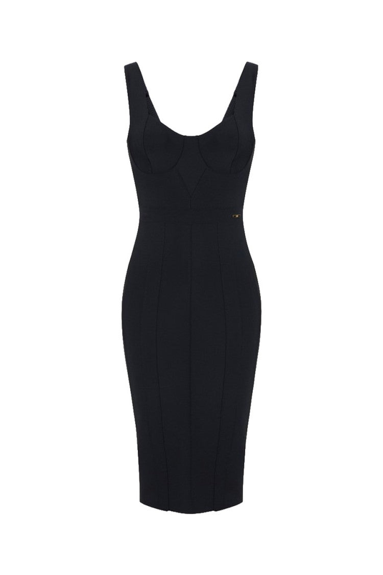 Elisabetta Franchi Black Corset Seaming Gold Logo Tag Polyamide-Blend Midi Dress
