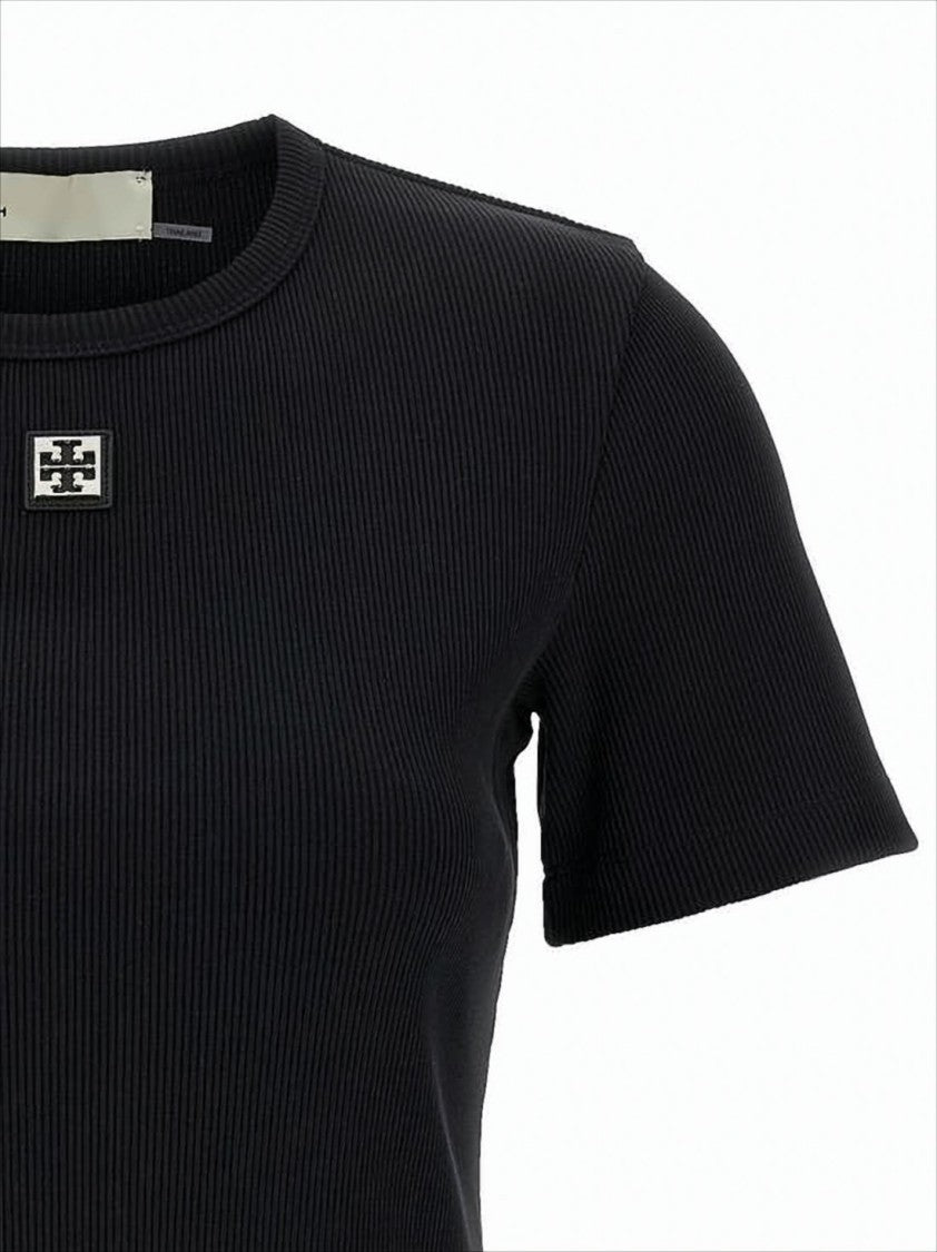 Tory Burch Ribbed Knit Short-Sleeved Top With Logo Patch