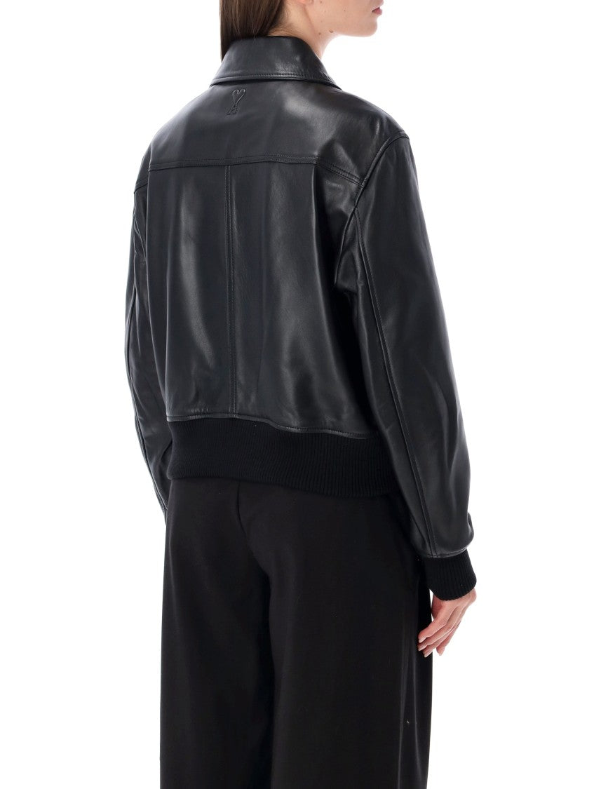 Ami Paris Black Classic Collar Zip Leather Jacket
