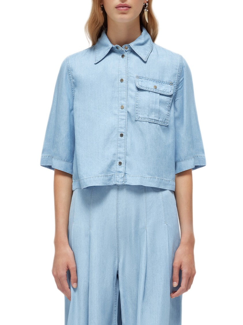 Blugirl Boxy Denim Shirt With Elbow-Length Sleeves And Overlapping Slit
